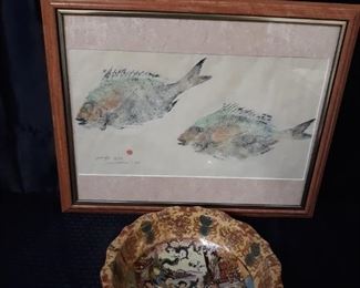 Framed fish art with Chinese bowl