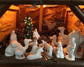 Nativity set with the vintage Christmas tree tucked in there!