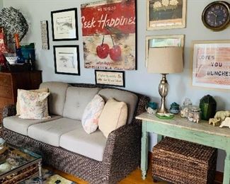 Gorgeous Sofa, Antique Marble Top Farmhouse Table, Seagrass Trunks, Artwork Galore!