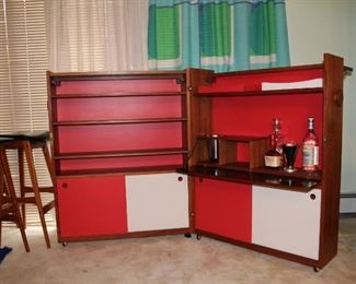 vintage Erik Buch teak folding bar cabinet, teak barstools