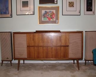 vintage Grundig Majestic stereo cabinet with turntable, short wave am/fm radio, and reel-to-reel, with satellite floor speakers