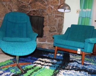 Bramin easy chair & swivel chair with ottoman. Both with teak bases & original fabric