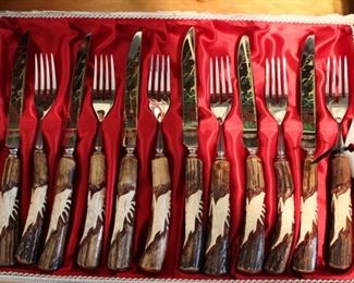 vintage German carved stag horn knife & fork set