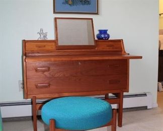 vintage Danish teak dressing table/secretary with stool