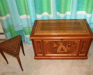 vintage German prison-made inlaid chest; inlaid table