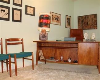 vintage Danish teak executive desk, side chairs