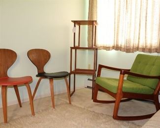 vintage Ole Wanscher rocking chair with original upholstery; vintage Cherner Plycraft chairs ; Askel Kjersgaard nesting tables
