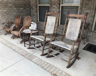 Country wagon wheel chairs and basket weave rockers