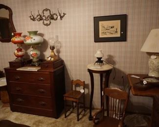 lamps, tables, chair, marble top dresser