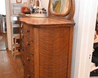 Antique Serpentine Oak Highboy Chest / Dresser with Mirror