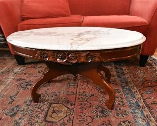 Vintage Cocktail / Coffee Table (Carved Wood Base with Marble Top)