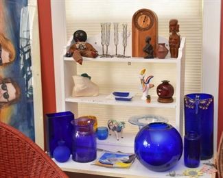 White Painted Wall Shelf, Cobalt Blue Glassware, Collectibles