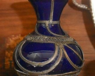 Cobalt Blue Glass Vase with Metal Overlay