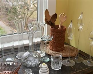 Wooden Utensils, Glassware, Vases, Candlesticks, Etc.