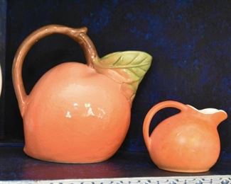 Figural Peach Pottery Pitcher, Orange Pottery Creamer 