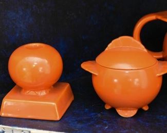Vintage Orange Pottery Tea Set & Candlesticks
