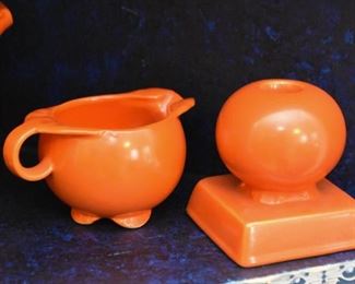 Vintage Orange Pottery Tea Set & Candlesticks