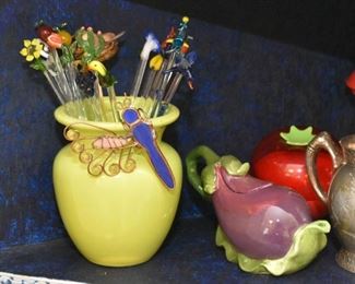 Art Glass Vase, Cocktail Stirrers, Mini Eggplant Teapot