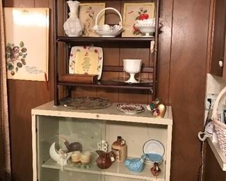 display case great for your booth !!!depression glass milk glass, pottery and planters 