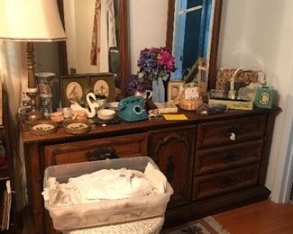 retro double mirror dresser and small wicker table 