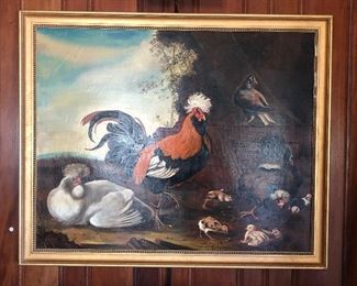 $795.00 Original signed oil painting, fowl scene, on canvas in gilt wood frame.  Purchased in New York City 30 or 40 years ago.   45 x 55" 