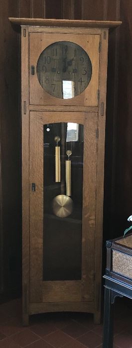 $1,995.00 Contemporary L. & J. G. Stickley (Manlius, New York) tall case clock, based on the original 1910 Leopold Stickley design.  Purchased new in 1985 at Klingman's (Grand Rapid, Michigan) 80" x 27" x 16" Keeping perfect time but the gong strike needs adjustment.