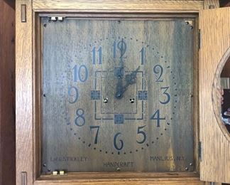 $1,995.00 Contemporary L. & J. G. Stickley (Manlius, New York) tall case clock, based on the original 1910 Leopold Stickley design.  Purchased new in 1985 at Klingman's (Grand Rapid, Michigan) 80" x 27" x 16" Keeping perfect time but the gong strike needs adjustment.