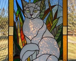$150.00 Stained glass window hanging piece of cat