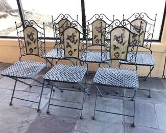 $195.00  Set of 6 folding iron chairs with painted back splats and lattice style seats 