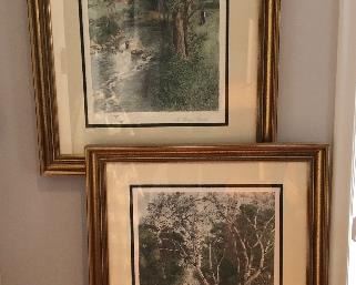 $95.00 Pair of hand colored engravings in gilt wood frames with double mats.