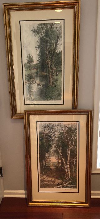 $95.00 Pair of hand colored engravings in gilt wood frames with double mats.