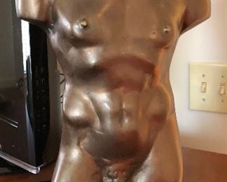 $85.00 Cast metal nude male torso statue mounted on black painted wood plinth