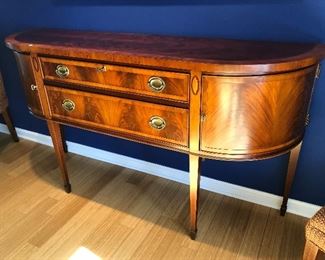 $1,295.00 Hekman (Grand Rapids, Michigan) "Copley Place" Federal style demilune sideboard, mahogany solids and tulipwood with yew wood and crotch mahogany veneers, with 2 drawers and 2 curved doors (68" x 37" x 18") (purchased from Pleats Interior Design in 2005 - original cost $4,050.00) http://www.hekman.com/ProductDisplay?catalogId=21052&storeId=12653&productId=2713305&langId=-1&categoryId=&parent_category_rn=&top_category=