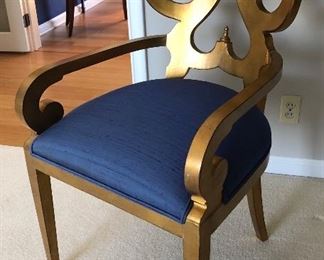 $395.00 Biedermeier inspired gilt wood arm chair with cobalt blue dupioni silk upholstery, 21" x 21 1/2" x 39 3/4" (purchased from Pleats Interior Design - original cost $1,173.00) 