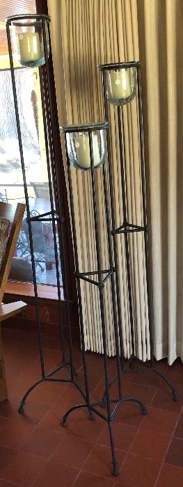 $85.00 Set of 3 wrought iron and hand blown glass style floor standing candle holders with battery powered candles  