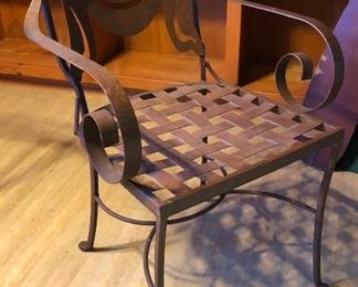 $350.00 48" Round glass and iron table with 4 matching arm chairs in "Drama Curtain" design (purchased from the Mole Hole)  