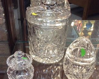 $35.00 (in back)8" Crystal Covered Jar. $25.00 (on left) 3 1/2" Waterford Jam Jar. EGG IS SOLD. 