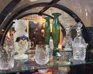 $45.00 (left) 4" Waterford "Colleen" Dbl Old Fashion. $50.00 11" Antq White Floral Bristol Vase. $18.00 4" Waterford Mug Engraved.$65.00 14" Silvestri Green Mouth Blown Glass Vase.