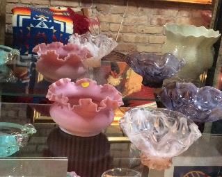 $15.00 Clear/Blue Floral Ashtray. $18.00 Pink Satin Dish. $20.00 6" Pink Ruffle. $22.00 7" Purple Ruffle.