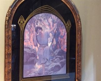 $185.00 Pair of Maxfield Parrish prints, "Dreamlight" and "Waterfall," by Edison Lamp Works of General Electric Co., - circa 1925 in restored period "tombstone" style frames with reverse painted glass. As is - some fading to prints 