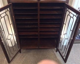 $225.00 Antique sheet music cabinet, 48"h x 33"w x 14"d,  with multiple shelves and 2 drawers over 2 doors with fretwork - circa 1920s/1930s - would make a great liquor cabinet too!
