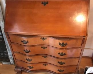 $95.00 Antique Chippendale style drop front bureau desk with serpentine front and brass batwing style brasses - circa mid 20th Century 