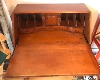 $95.00 Antique Chippendale style drop front bureau desk with serpentine front and brass batwing style brasses - circa mid 20th Century 