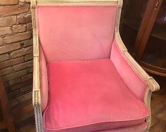 $695.00 Pair of vintage white painted Louis XVI style Bergères (closed armchairs) with rose coloured velvet upholstery. 