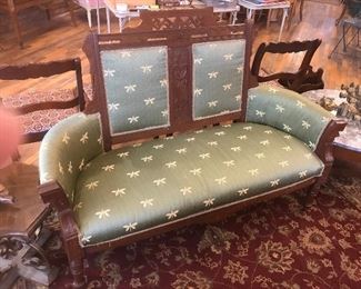 $85.00 Antique Eastlake style, Victorian Era, black walnut parlor settee - circa 1870s/1880s - as is - some fraying to fabric on side panels