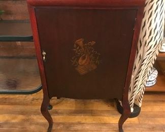 $85.00 Antique Edwardian Era sheet music cabinet with one drawer over one door with music themed decoration - circa 1915  20 x 13 38” tall  Minor scratches on top, sids and front in good shape.  
