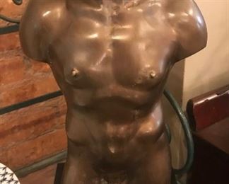 $85.00 Cast metal nude male torso statue mounted on black painted wood plinth