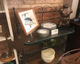 $145.00 Wrought iron style, green painted metal bakers rack with 3 textured glass shelves 