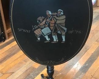 $35.00 Bicentennial black painted wood oval tea tilt table with "Spirit of '76" stenciled decoration 