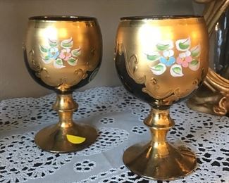 $15.00 Pair of gold enamel painted wine glasses  